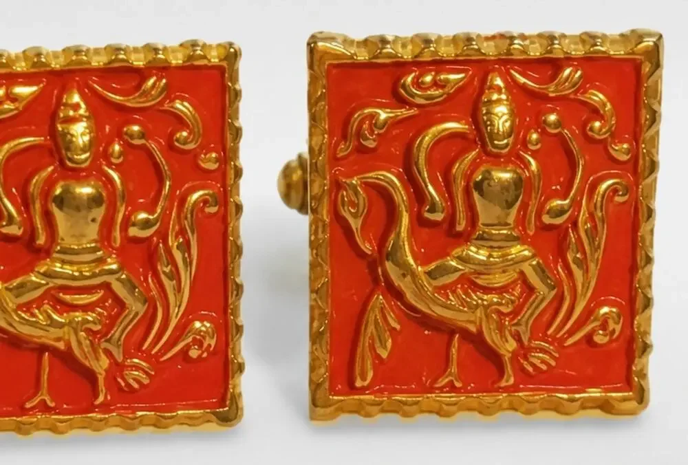 Beautiful‎ Goddess & Swan Red Cuff Links Enamel Unisex Oriental Asian Motif cl-